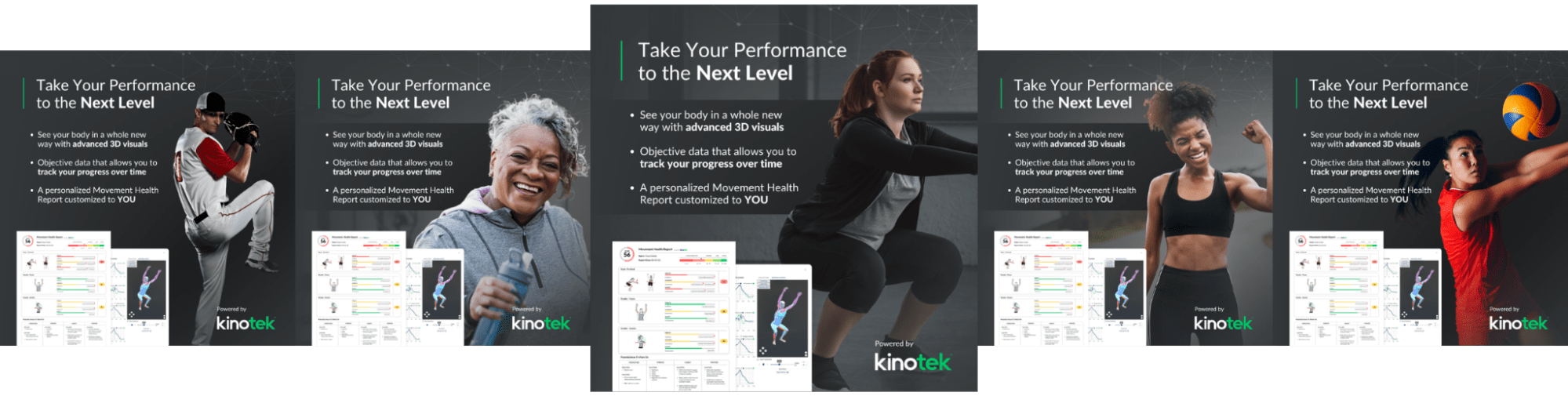 series of five athlete posters promoting Kinoteks performance enhancement