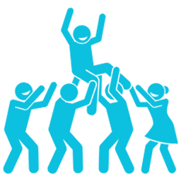 four figures lift a fifth figure above them