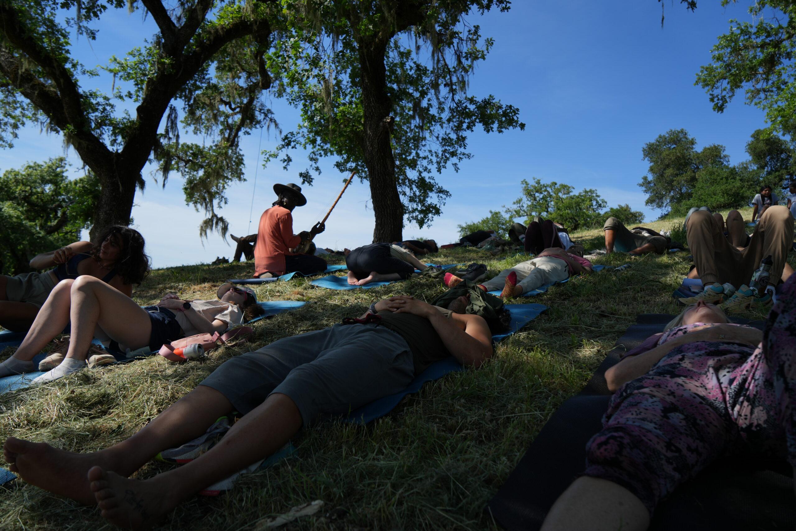 Adults participating in a restorative outdoor sound bath during an Avid Farm Wellness Retreat